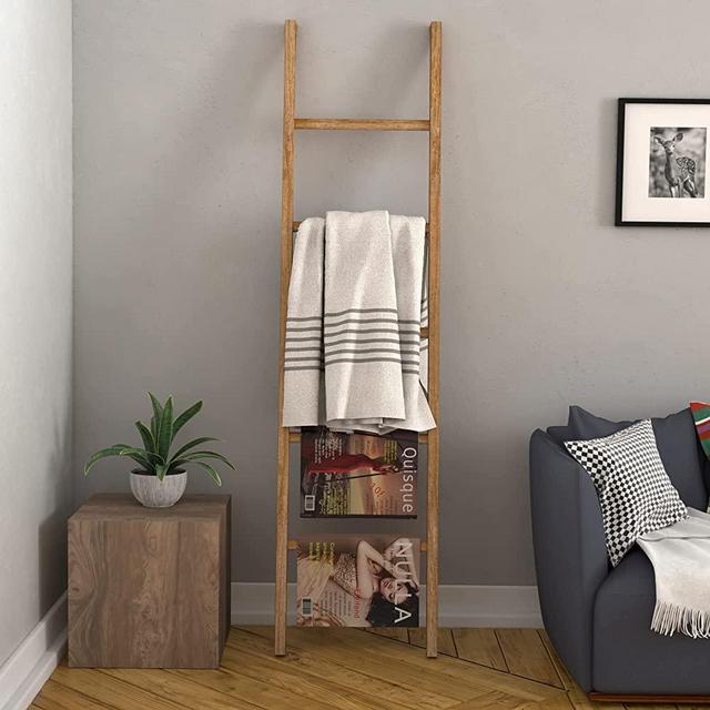 COZAYH Fully-Assembled Wooden Blanket Ladder, Rustic Ladder Shelf Stand, Farmhouse Blanket Holder Rack, Decorative Wall Leaning Ladders for The Living Room, Bathroom（Natural）