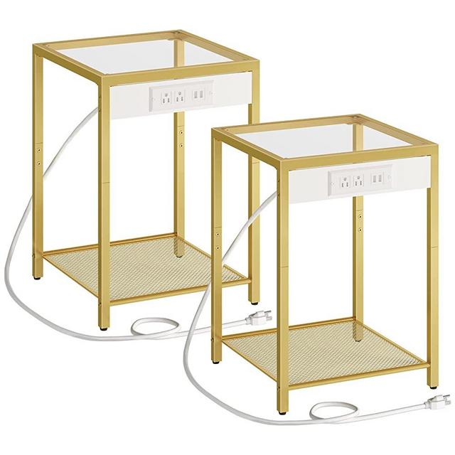 HOOBRO 2-Tier Side Table with Charging Station, Set of 2 End Tables with USB Ports, Nightstand for Tight Spaces, Tempered Glass, Modern Metal Frame, for Office, Bedroom, Living Room, Gold GD76UBZP201
