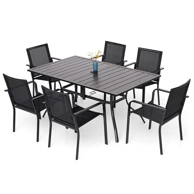 Anmutig 7-Piece Outdoor Patio Dining Set, 6 Stackable Patio Chairs & Rectangular Dining Table with All Weather Frame Furniture Set - Black