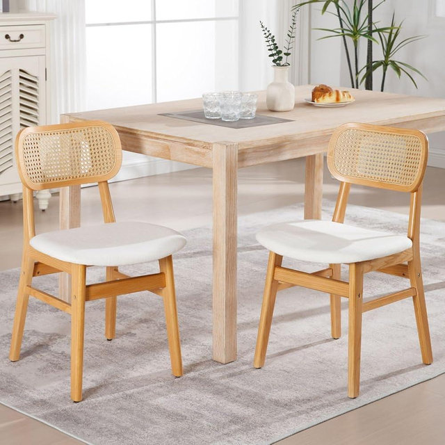 ROCITY Rattan Dining Chairs Set of 2 Beige Linen Fabric Dining Room Chairs Natural Wooden Kitchen Chairs Farmhouse Boho Side Chairs