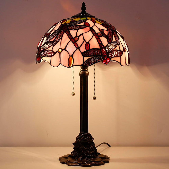 ANYONGLU Tiffany Table Lamp Stained Glass Desk Lamp 12X12X21Inch Resin Base for Bedroom Living Room Reading Light (Pink Dragonfly)