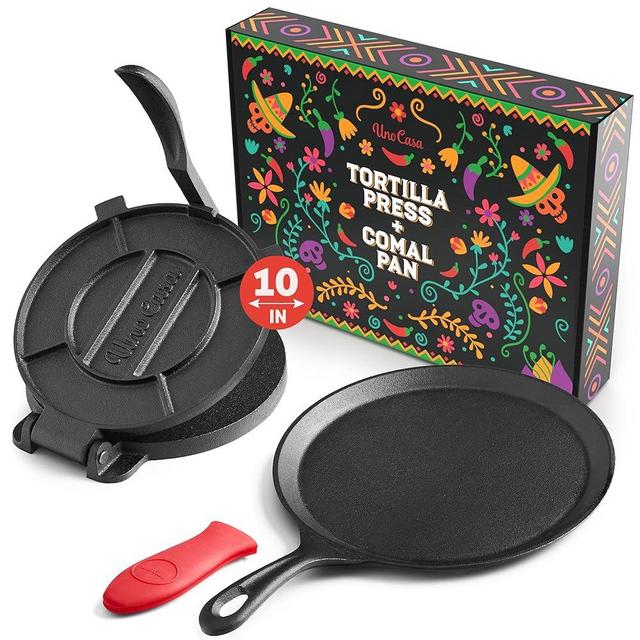 Uno Casa Cast Iron Tortilla Press 10 Inch with Cast Iron Comal Pan - Bundle of Cast Iron Tortilla Skillet for Roti Pan, Tawa Pan, Dosa Pan & Tortilla Press Pataconera