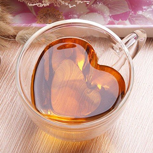 LauderHome Heart Shaped Double Walled Insulated Glass Coffee Mugs or Tea Cups, Double Wall Glass 8 oz - Clear, Unique & Insulated with Handle