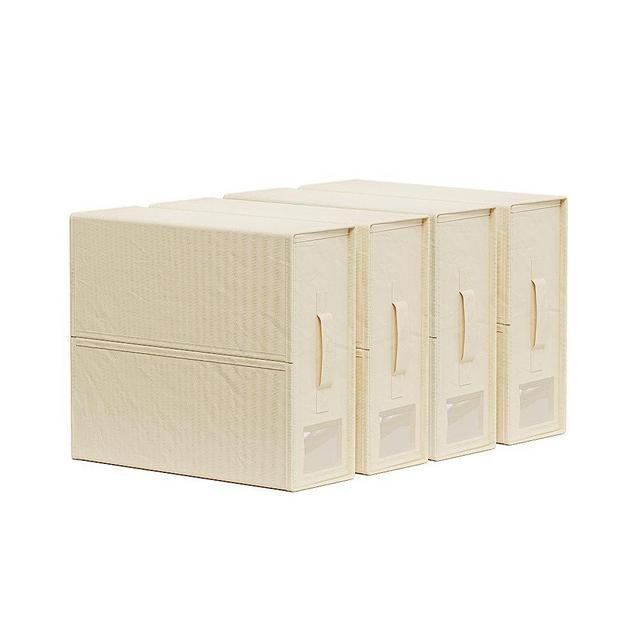SUOCO SheetCube Bed Sheet Set Organizer 4 Pack (Queen or King Size), Foldable Storage Box for Duvet Cover Set, Linen Closet Organizer for Bedding Clothes Blankets, Beige