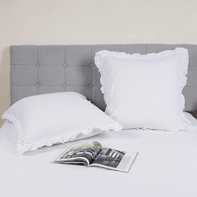 100% Washed Cotton Euro Shams with Ruffle, 2 Pack 26" x 26" Cotton Linen Like Euro Sham Pillow Covers, No Insert, Ultra Soft Decorative Farmhouse Pillow Covers for Bed Sofa, White