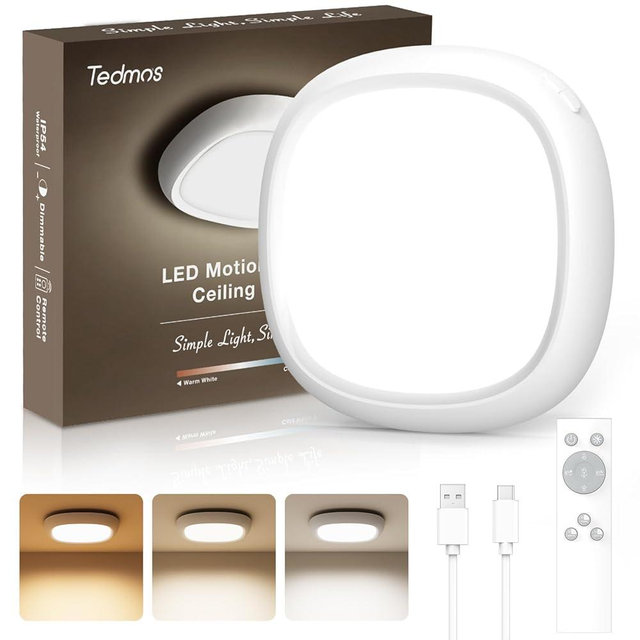 IP54 Waterproof Rechargeable Shower Light Indoor, 12000mAh Motion Sensor Wireless Ceiling Light with Remote No Wiring, Battery Operated Closet Lights Cordless LED Overhead Lighting for Pantry Bathroom
