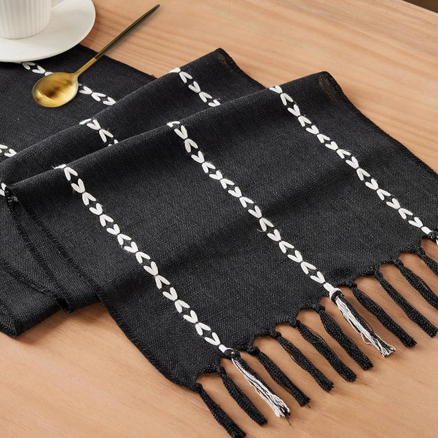 Niviy Black Table Runner 72 Inches Long, Black Christmas Decor Embroidered Striped Braided Boho Table Runner for Holiday Home Party Indoor Outdoor 12 x 72 Inch