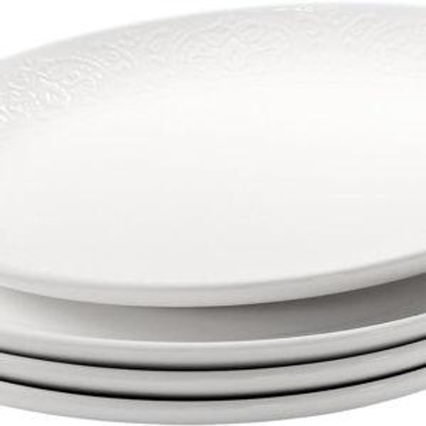 Set of 4, White 10 Inch Oval Relief Ceramic Platters, Entertaining Modern Kitchen Dishes, for Dinner, Fruit, Salad, Pasta - Microwave, Oven & Dishwasher Safe