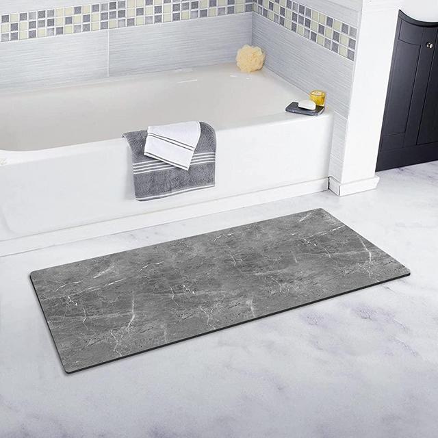 Ultra-Thin Bathroom Rugs Mats, GOYLSER Black Bathroom Rugs Shower Mat, Absorbent Marble Texture Flat Bath Mat, Machine Wash Farmhouse Bathroom Rug, Dry Fast Long Bath Mat (Black Marble)