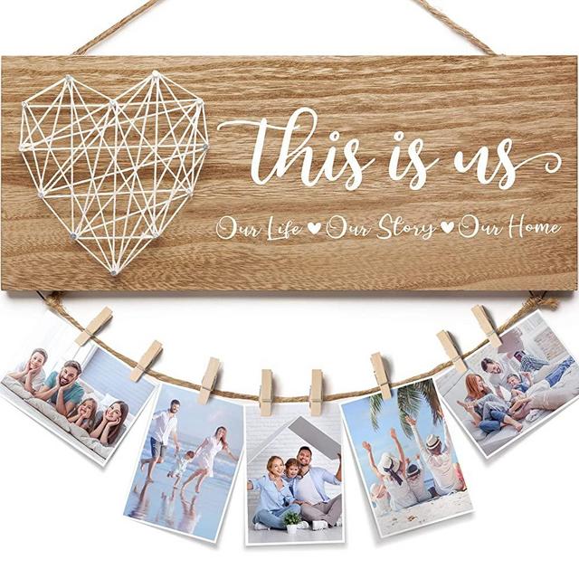 Housewarming Gifts New Home Decor Sign, Mothers Day Gifts for Mom from Daughter Son Family Photo Holder Farmhouse Rustic Hanging Picture Frame, Gifts for Housewarming New Homeowners Couples-This Is Us