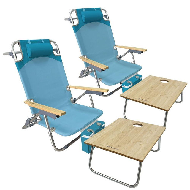 WKFAMOUT Folding Backpack Beach Chair 2 Pack Aluminum 5-Position with Samll Camping Table Bamboo Lay Flat Lounge Chair Outdoor for Adults with Insulated Cooler Bag