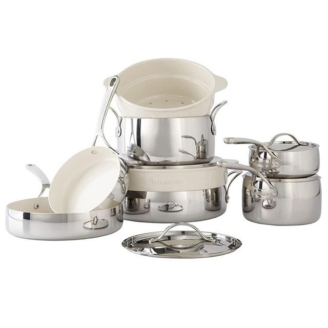 Bloomhouse 12 Piece Triply Stainless Steel Cookware Set w/ Non-Stick Non-Toxic Ceramic Interior and Ceramic Steamer Inserts, Stainless Steel and Cream