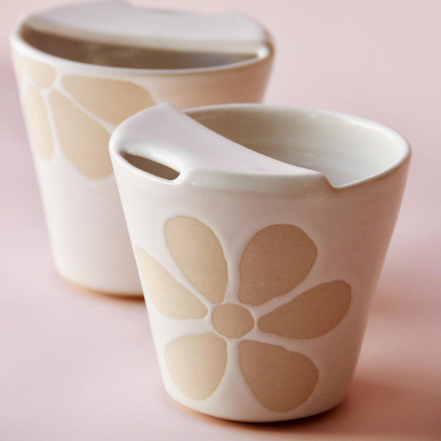 Ceramic Travel Tumbler Half Lid | Handmade Ceramic Sippy Mug | No Handle Travel Mug | Cute Pottery | Coffee Lover Gift | Floral To-go Mug