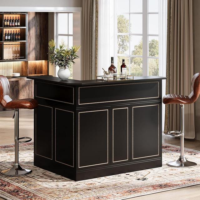 Tribesigns Bar Cabinet, L-Shaped Home Bar Table with Stemware Racks, 4-Tier Corner Bar Unit Liquor Wine Bar Table Reception Desk for Home Pub, Black