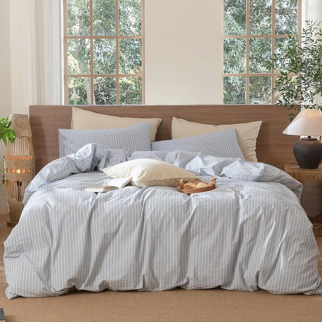 MooMee Striped Duvet Cover Set 100% Washed Cotton Linen Like Textured Breathable Durable Soft Comfy (Cornflower Blue White Wide Stripes, King 104"x90")