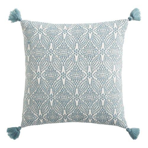 Embroidered Mineral Green Dots Pillow with Tassels, Mineral Green