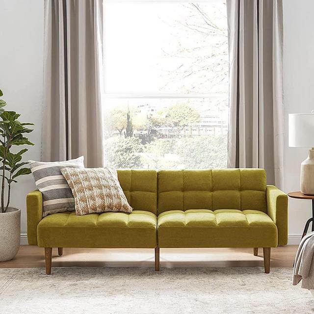Mopio Aaron Futon Convertible Sofa Sleeper Futon with Arms Split Back Design 77.5" Mustard Olive Velvet Fabric