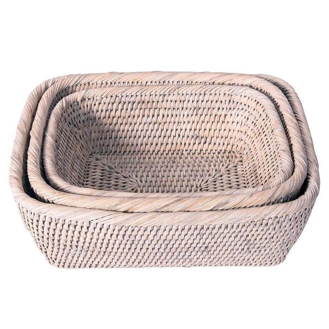 Tava Handwoven Rattan Basket, White Wash, Set of 3