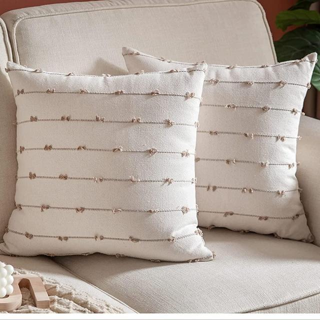 Caflife Boho Throw Pillow Covers 18x18 inches Beige and Natural Linen, Set of 2 Modern Farmhouse Decorative Pillow Covers for Couch Bed, Living Room