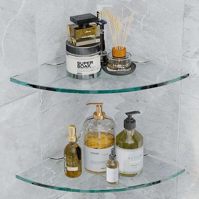 AlaKong 2 Sets Glass Shower Shelves for Bathroom Corner Shelf Tempered Glass Corner Shower Shelf Organizer for Soap Shampoo Holder Adhesive Bathroom Shelf Shower Caddy No Drilling Bathroom Glass Shelf