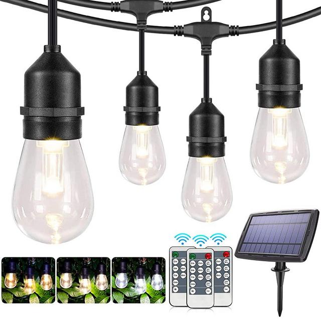 2 Pack Each 48FT 3-Color in 1 Solar Outdoor String Lights,Dimmable Solar Patio Lights with Remote,30+5 Waterproof Shatterproof Edison Bulbs,Outdoor/Indoor LED Solar String Lights for Café Bistro Patio
