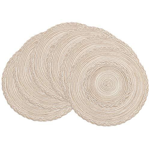 SHACOS Round Placemats Set of 6 Braided Placemats Bordered for Dining Tables Wedding Holiday Party (Ivory Bordered, 6)