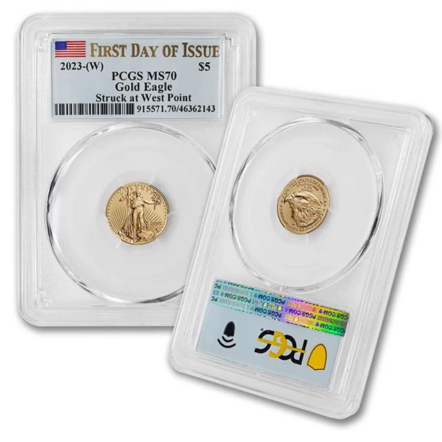 2023 (W) 1/10 oz American Eagle Gold Bullion Coin MS-70 (First Day of Issue - Struck at West Point - Flag Label) 22K $5 MS70 PCGS