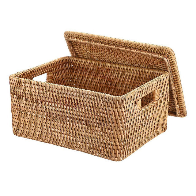 Hipiwe Wicker Storage Bins with Lid Handwoven Rattan Baskets Rectangular Decorative Shelf Baskets Bin with Handles Household Basket Boxes for Home Organizing,13.2"L x10.2"W x6.7"H