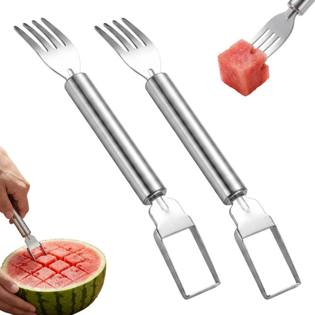 2-in-1 Watermelon Fork Slicer, Stainless Steel Fruit Cutter, Dual Head Watermelon Slicer Tool for Cubes, Portable Melon Cutter for Home Kitchen Picnic Party Camping (2 PCS)