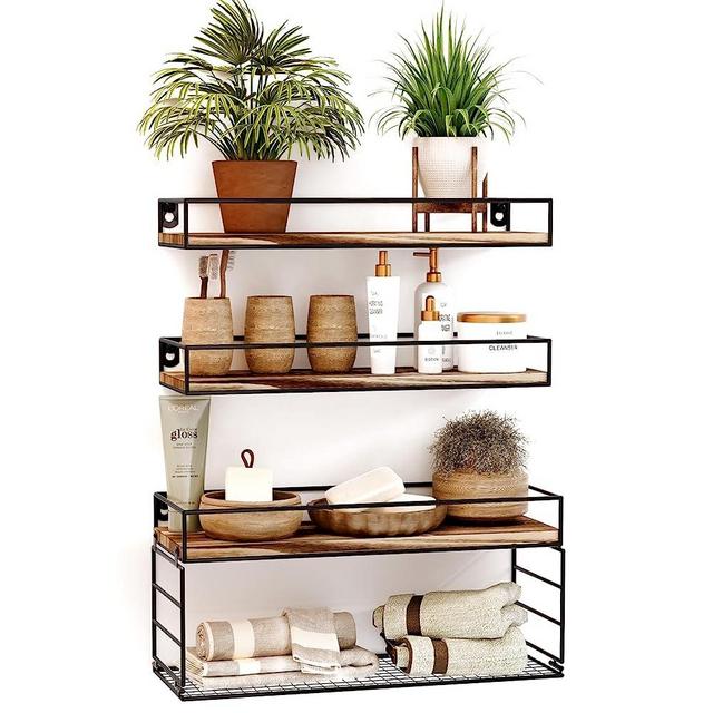 Oxendon Bathroom Floating Shelves with Paper Basket, Farmhouse Bathroom Shelves Over Toilet Small Shelves for Wall Decor Wall Mounted Shelves for Bedroom Kitchen Office, Rustic Brown