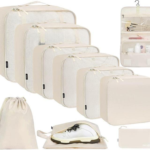 BAGAIL 10 Set Packing Cubes Various Sizes Packing Organizer for Travel Accessories Luggage Carry On Suitcase-Cream