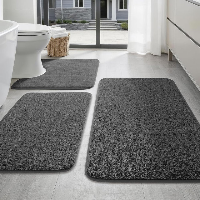 YIHOUSE Memory Foam Bathroom Rugs Sets 3 Piece - Extra Thick Soft Towel-Like Absorbent Bath Mat Set, Non Slip Machine Washable Bath Rugs Carpet for Bath, Tub and Shower, Dark Grey
