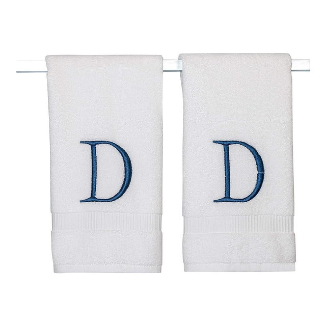 Monogrammed Hand Towels for Bathroom - Luxury Hotel Quality Personalized Initial Decorative Embroidered Bath Towel for Powder Room, Spa - GOTS Organic Certified - Set of 2 Navy Letter D