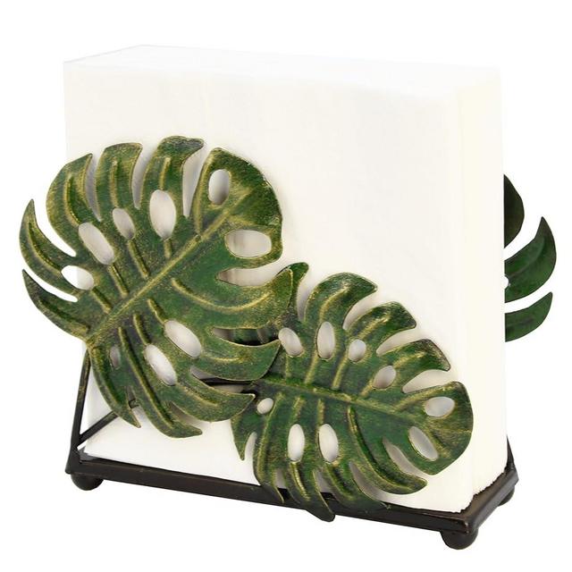 Metal Ginkgo Leaves Napkin Holders for Tables, Tabletop Freestanding Tissue Dispenser,Wooden Napkin Holder Dispenser Stand (Green)