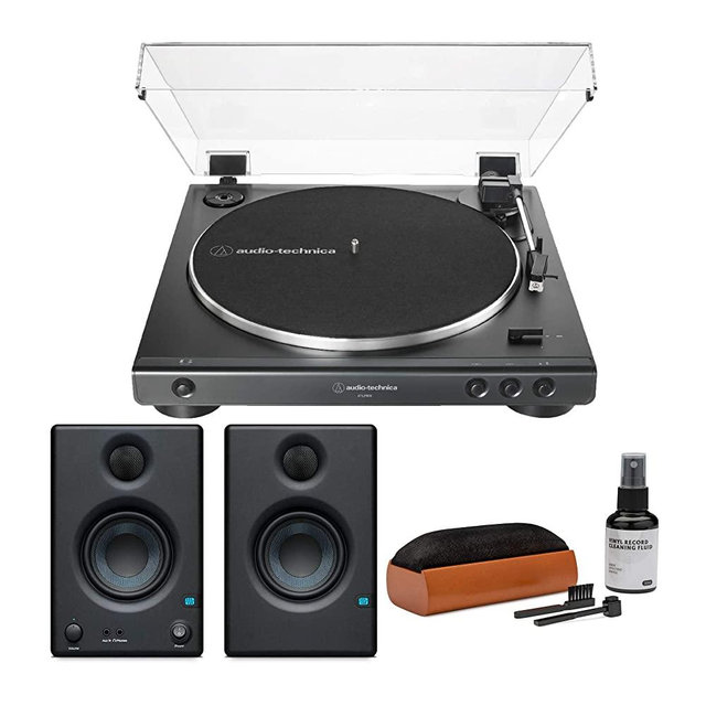 Audio-Technica AT-LP60X-BK Fully Automatic Belt-Drive Stereo Turntable with Eris 3.5 Monitors and Knox Vinyl Cleaning Kit