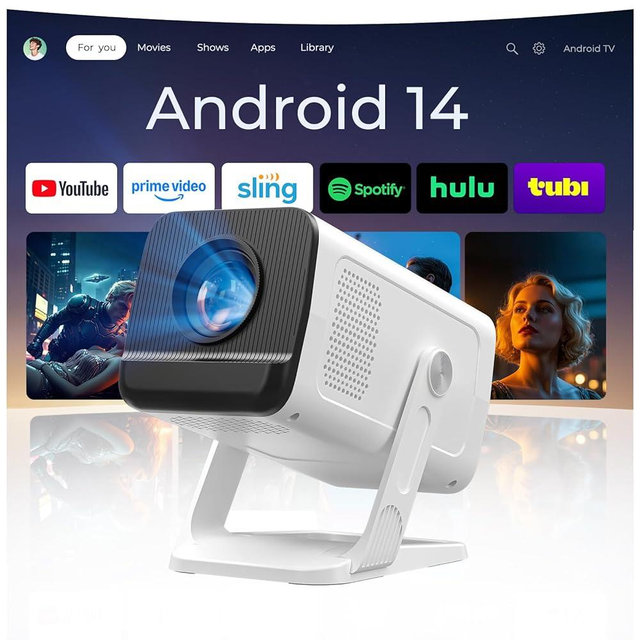 Mini Portable Projector for Bedroom with WiFi and Bi-directional Bluetooth 1080P 4K Support Smart Android 14 OS Auto Keystone Compatible with Netflix, YouTube, Prime Video, Disney+