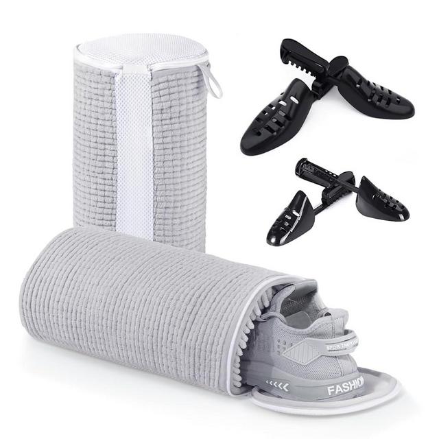Teletrogy Shoe Laundry Bags for Washing Machine, 2024 New Reusable Laundry Shoe Bag for Washer and Dryer, Fluffy Fibers 360° Wrap-Around Cleaning, 2 Pairs Adjustable Shoe Trees for All Shoes, ‎Gray