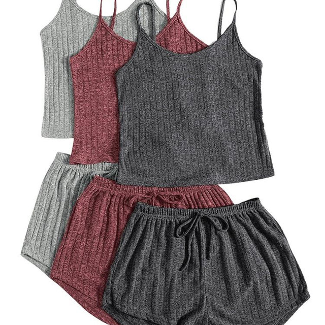 GORGLITTER Women's 3 Sets Ribbed Pajamas Set Sleeveless Crop Top and Tie Front Shorts Lounge Set Sleepwear Loungewear