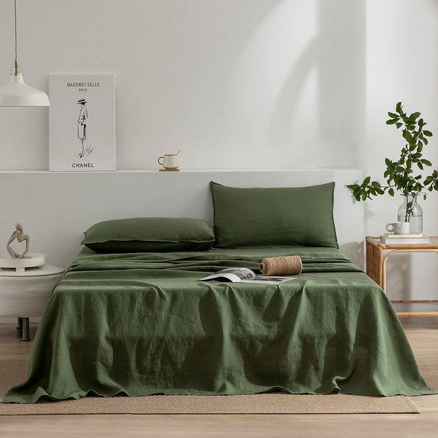 EVERLY Linen King Sheets Set, 100% Stonewashed French Linen Bed Sheets Deep Pocket Sheets, 4 Pieces (1 Flat Sheet, 1 Fitted Sheet, 2 Pillowcases) Natural Flax Bedding Set, Mossy Green