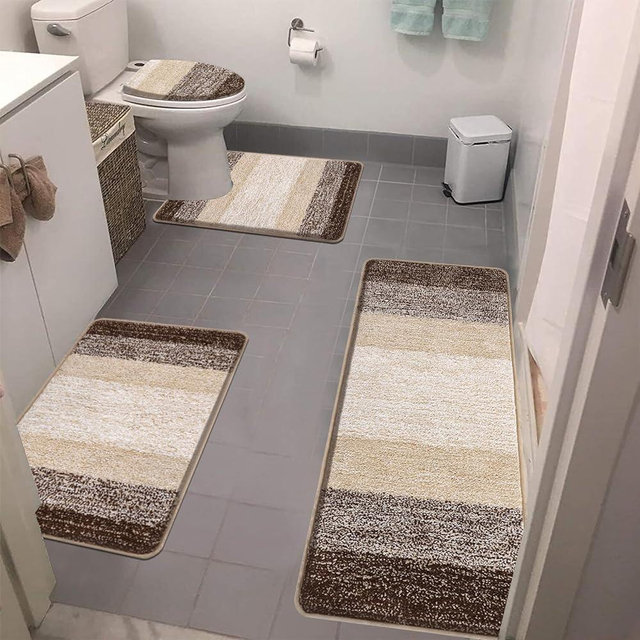 Bsmathom Bathroom Rugs Sets 4 Piece with Toilet Cover, Plush Shaggy Bathroom Rugs Non Slip Washable, Absorbent Microfiber Bathroom Mat with U-Shaped Contour Toilet Mat for Bathroom, Dark Coffe