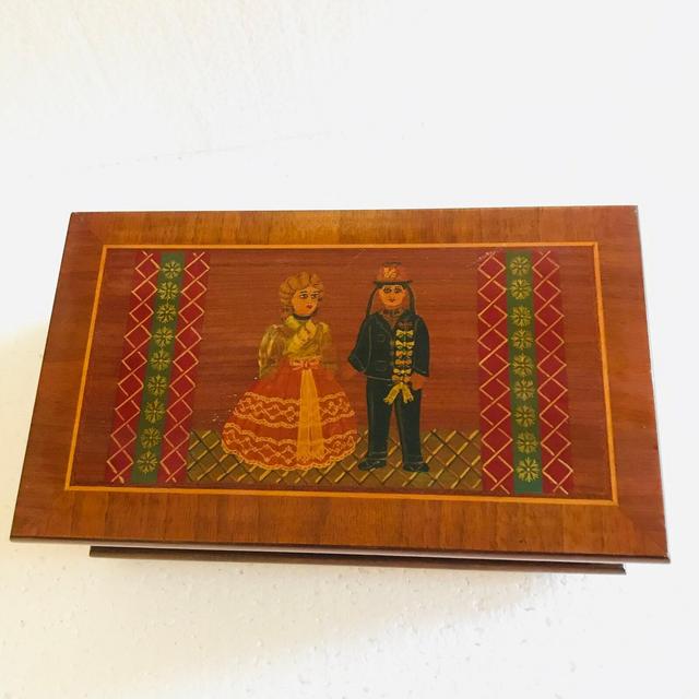 Vintage Wooden Hand Painted Footed Jewelry Box with Hungarian Folkloric Couple.