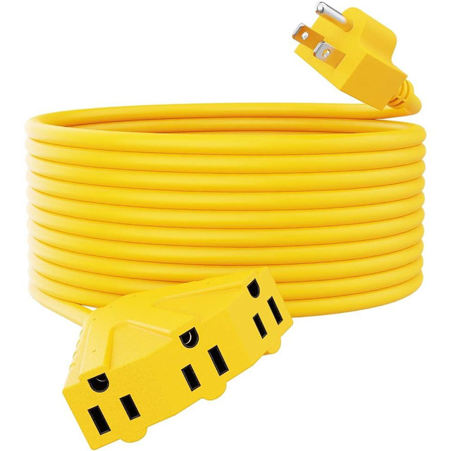 PLUGTUL 50FT Outdoor Extension Cord with Multiple Outlets, 14 Gauge, 3-Outlet, SJTW, 15A 14AWG 1875W SJTW, ETL Listed - Great for Garage, Garden and Home, Yellow