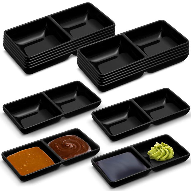 Gejoy 12 Pcs Dual Dipping Sauce Bowls Melamine Soy Sauce Dish Bowls Two Compartments Party Trays Divided Fondue Plates for Restaurant Kitchen Sushi Soy Sauce (Black)