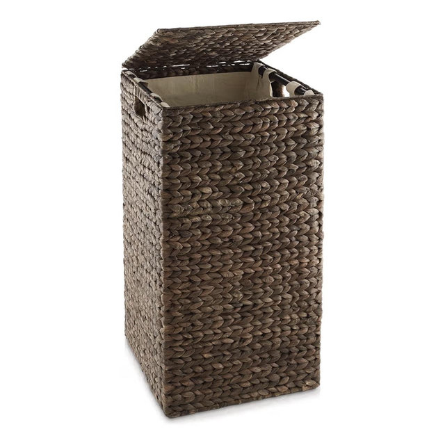 Casafield Laundry Hamper with Lid and Removable Liner Bag - Espresso Dark Brown, Woven Water Hyacinth Square Laundry Basket Sorter for Clothes, Towels