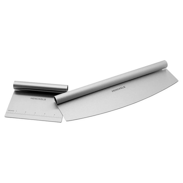 HENCKELS BBQ 2-pc Stainless Steel Pizza Cutter and Bench Scraper Set, Rocking Blade with Safety Guard and Measuring Scraper for Dough, BBQ and Baking