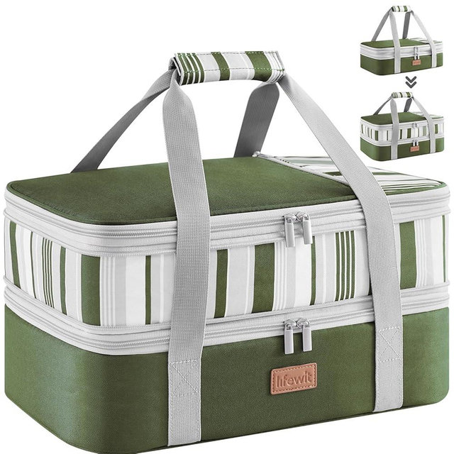 Lifewit Expandable Insulated Casserole Carrier for Hot or Cold Food, Double Decker Food Bag Lasagna Holder Carry Tote for Potluck Parties/Picnic/Cookouts, Fits 9"x13" Baking Dish, Dark green
