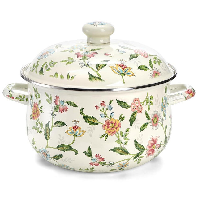 Jucoan 5 Quart Enamel Stockpot with Lid, Green Floral Enamelware Cooking Pot with Dual Handles for Stovetop, Large Soup Pot Potpourri Simmer Pot Gift for Housewarming Bridal Shower Christmas