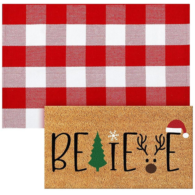 Duraaamo 2 Pcs Winter Nature Coir Door Mat Outdoor Winter Welcome Rug Non Slip Floor Door Mat Xmas Indoor Entrance Rug Porch Front Decor, 28 x 16 Inch