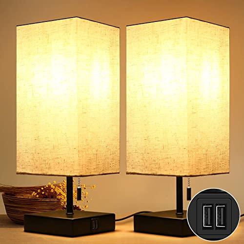 HOKEKI Bedside Table Lamp, with 2 Useful USB Ports & One Outlet,Black Charger Base with Beige Fabric Shade, Modern Desk Lamp for Bedroom, Living Room, Kids Room, Dorm, Office (2PCS)