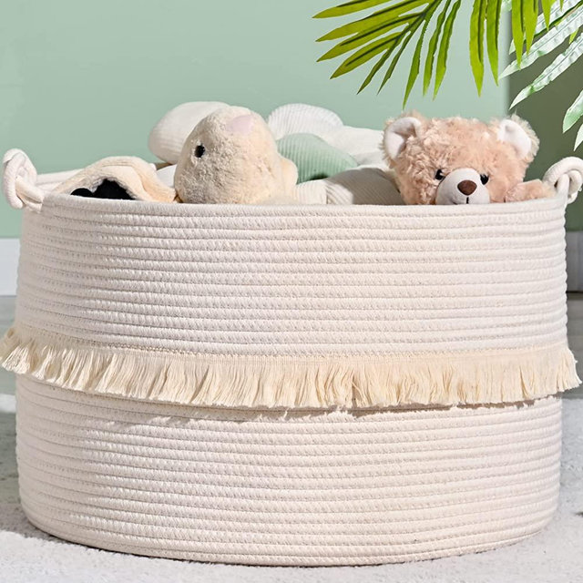 KAKAMAY Large Blanket Basket (20"x13"),Woven Baskets for storage Baby Laundry Hamper, Cotton Rope Blanket Basket for Living Room , Laundry, Nursery, Pillows, Baby Toy chest (White)